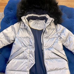 Zara Kids Shiny Silver Puffer Coat w/ Black Fur Hood